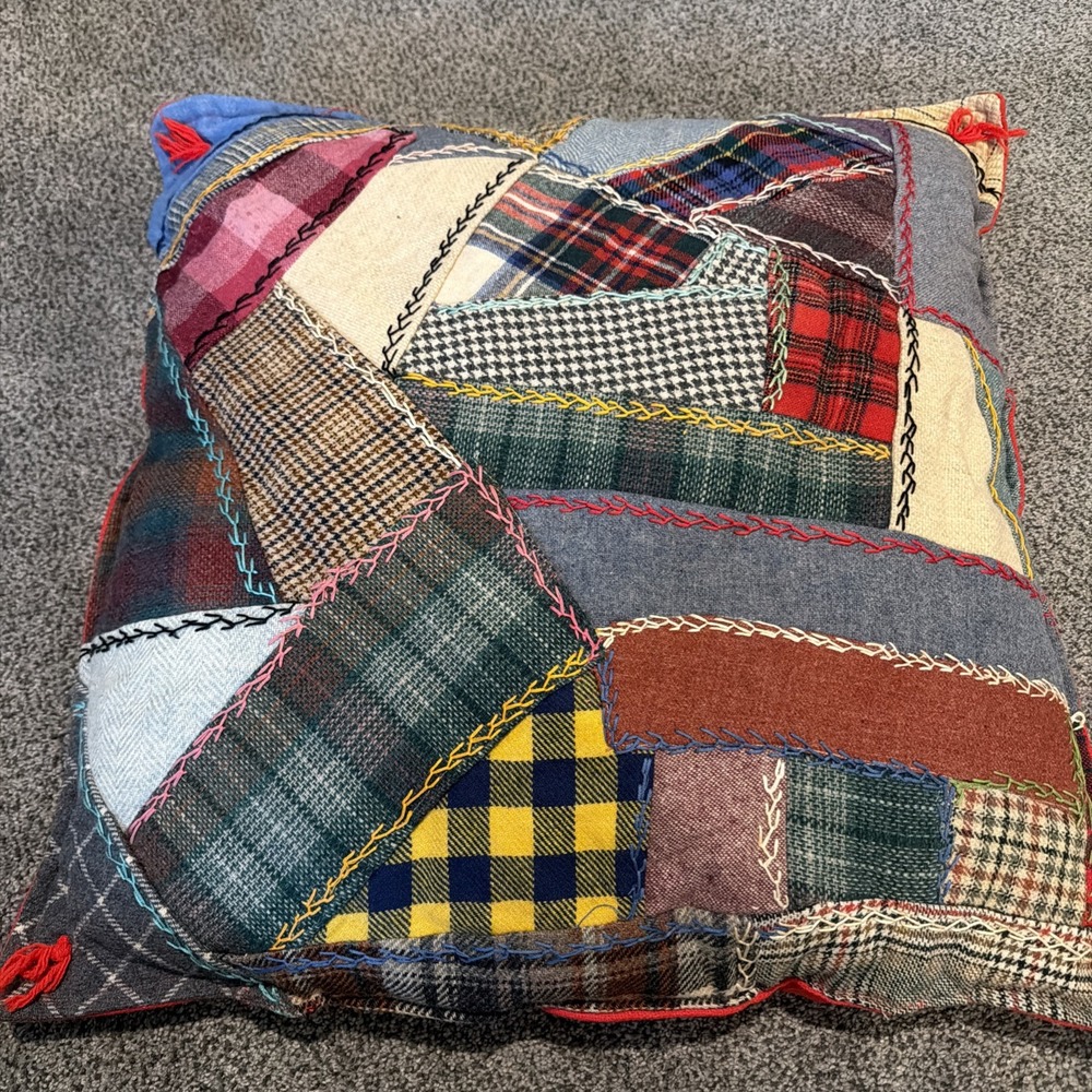 Vintage Wool Fabric Patchwork Crazy Quilted Handmade Pillow 22 in. Square